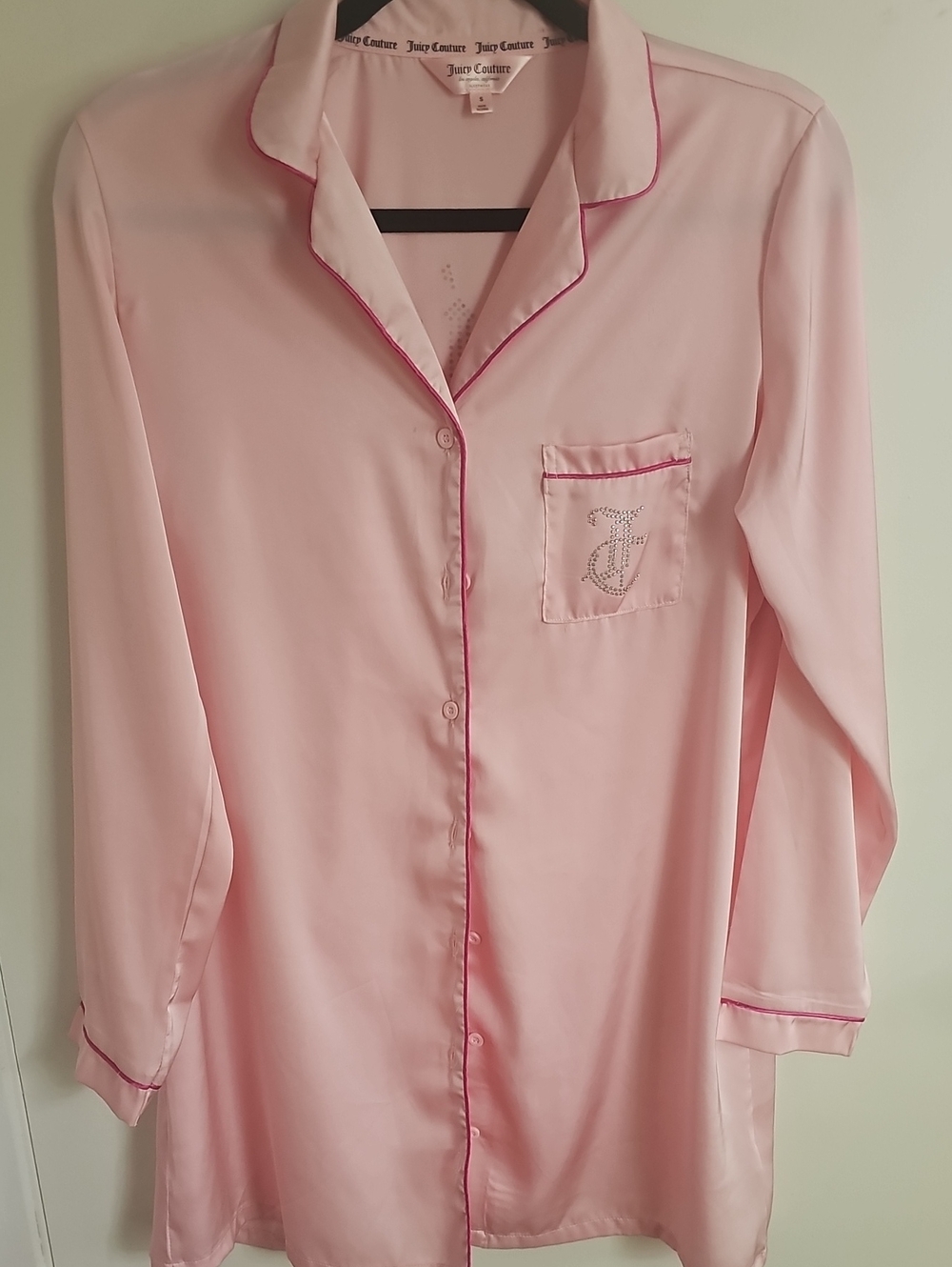 Juicy Couture Light Pink Satin Button-Front Pajama Top with Contrast Piping